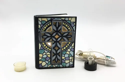 Vista 3 de Cosmos Libro de mosaico de cruz con luz nocturna, 5 1/4 "x 3 1/4" x 7 "H