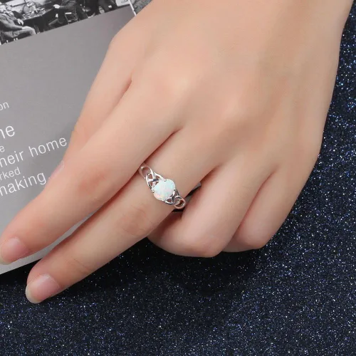Vista 3 de Anillo de compromiso de boda con forma de corazón de ópalo de fuego de plata de ley 925, Metal, Ópalo