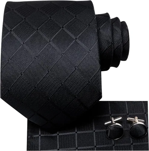 Vista 212 de Hi-Tie Corbata clásica de cachemira para hombre con pañuelo y gemelos a cuadros