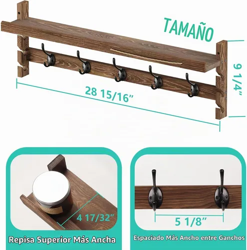 Vista 5 de AMBIRD Ganchos de pared con estante de 73.4 cm Entrada de pared con estante, ganchos para abrigos de madera, perchero de pared con estante