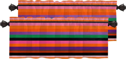 Vista 68 de Cortinas de cocina de hojas de arce otoñales para ventanas, hojas verdes y rojas sobre cenefas opacas negras, tratamientos de ventana de poliéster