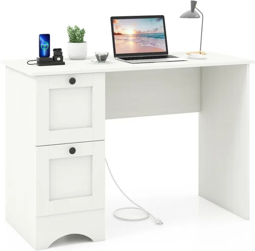 Vista 10 de Tangkula Escritorio para computadora con cajones y estación de carga, escritorio de madera para oficina en casa, escritorio para computadora Marrón