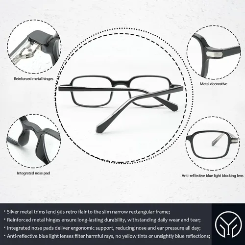 Vista 7 de Lentes rectangulares retro para mujeres y hombres, anteojos cuadrados de moda con bloqueo de luz azul, anteojos falsos de los años 90