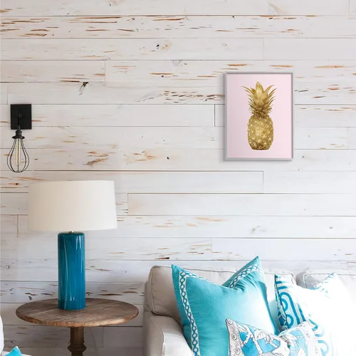 Vista 2 de Stupell Industries Golden Glam - Arte de pared enmarcado gris de fruta de piña sobre rosa, diseñado por Kate Bennett, 11 x 14 pulgadas