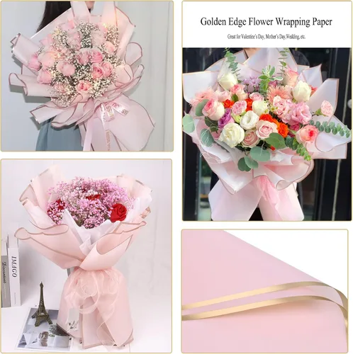 Vista 4 de Gloreyan 20 hojas de papel de regalo de flores con borde dorado, ramo de floristería, ramo de flores frescas, envoltura impermeable, caja de regalo