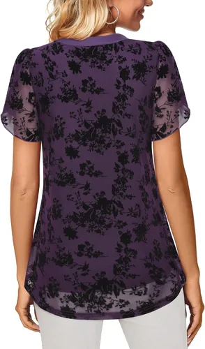 Vista 3 de Bebonnie Blusas de verano con volantes de manga corta para mujer, blusas elegantes florales
