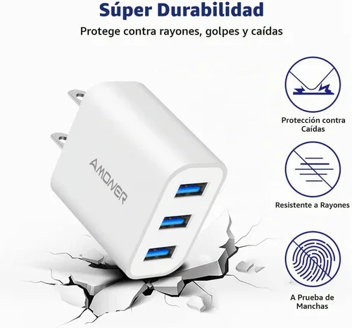 Vista 6 de Cargador de pared USB, Amoner Pack de 2 de 15W con 3 puertos USB, bloque de carga en forma de cubo para iPhone 14/13/12/11/X/XR/X/8/7/6, Galaxy