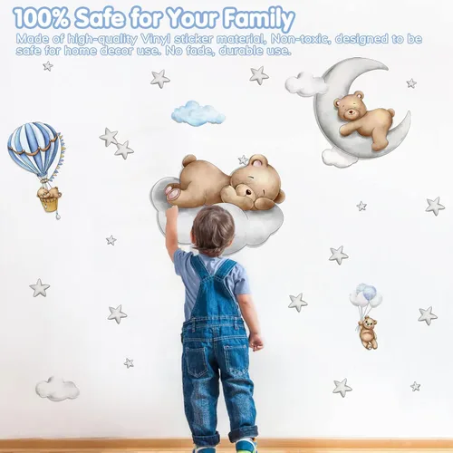 Vista 3 de Calcomanías de pared de oso lindo durmiendo en la luna de nubes, calcomanías de pared de oso bebé, calcomanías de pared removibles de hadas, mural