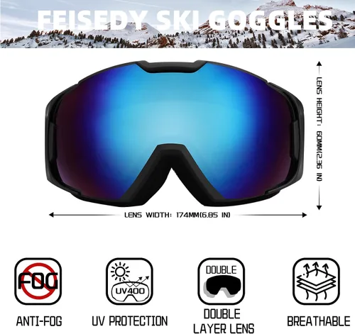 Vista 6 de FEISEDY Ski Goggles, OTG Snow Sport Goggles for Men, Women & Youth B2961 Azul Plata Vlt 18%