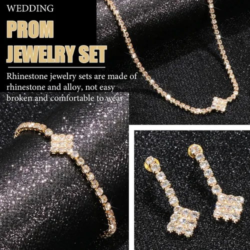 Vista 4 de Rhinestone Jewelry Set Necklace Bracelet Earrings Set Sparkly Necklace Dangle Earrings Prom Formal Costume Jewelry Sets for Women and Brides