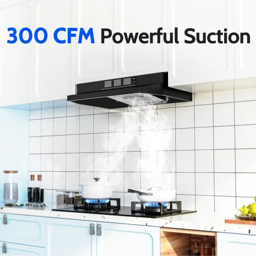 Vista 2 de FIREGAS Campana extractora negra de 24 pulgadas, 300 CFM con conductos/sin conductos convertible bajo gabinete, campana de cocina en acero Acero