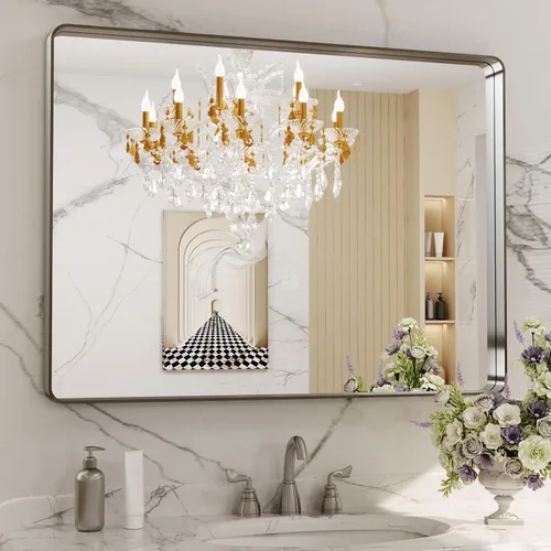 Vista 100 de LOAAO 20x16 Pulgadas Espejo de Baño con Marco de Metal Negro para Pared, Espejo de Tocador de Baño de Estilo Granja, Espejo Grande Rectangular