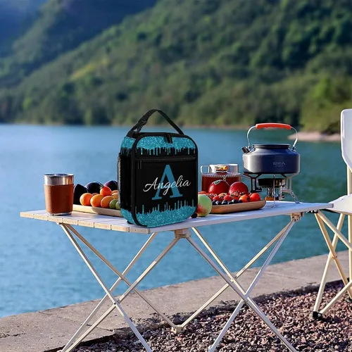 Vista 8 de Bolsa de almuerzo con nombre personalizado para hombres y mujeres, con monograma de purpurina azul, hielera, portátil, con nombre, para niñas