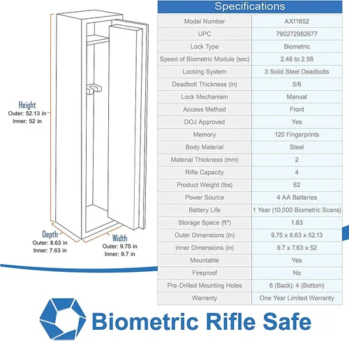 Vista 10 de BARSKA - Caja fuerte de acceso biométrico rápido y fácil con huellas dactilares, para rifles, escopeta, arma de fuego, pistola larga, para el hogar