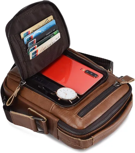 Vista 2 de BAIGIO Bolso de mensajero pequeño de cuero genuino para hombre, bolso de hombro para Ipad, bolso cruzado para hombre, bolso de viaje de negocios
