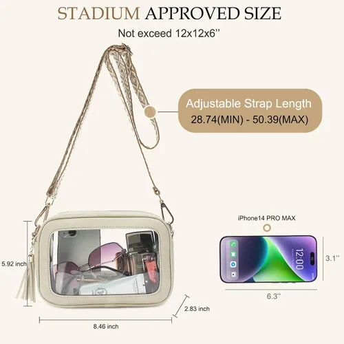 Vista 2 de LOXOMU - Bolso cruzado transparente para mujer aprobado para usar en estadios, bolsos transparentes impermeables con correa estilo guitarra
