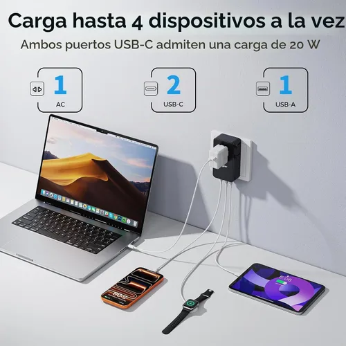 Vista 3 de Adaptador de viaje universal, adaptador de corriente internacional con 1 salida de CA, 1 USB-A y 2 puertos USB-C, funciona en más de 150 países