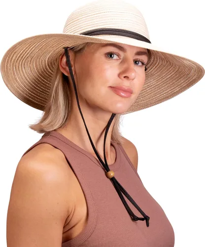 Vista 2 de Sloggers Sombrero de sol trenzado de ala ancha para mujer con cordón de viento, protección solar máxima UPF 50+ Piedra