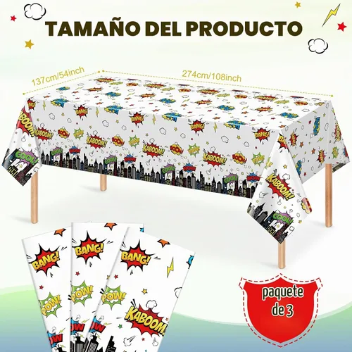 Vista 2 de 3 manteles de fiesta de cumpleaños con temática de héroes, mantel rectangular desechable de plástico de paisaje urbano blanco Super Bang para baby