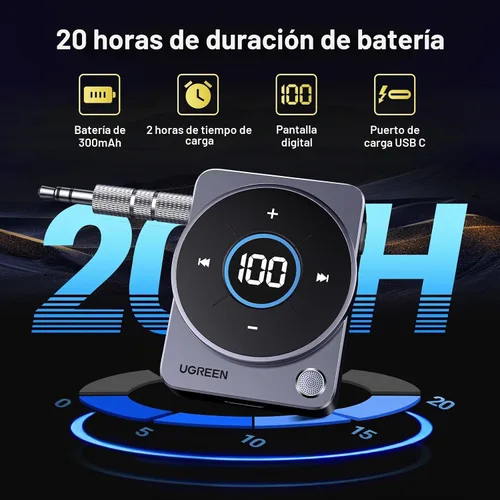 Vista 5 de UGREEN Adaptador Bluetooth 5.4 para automóvil, [cancelación de ruido] Receptor Bluetooth Aux para automóvil, receptor de audio inalámbrico de 3.5mm