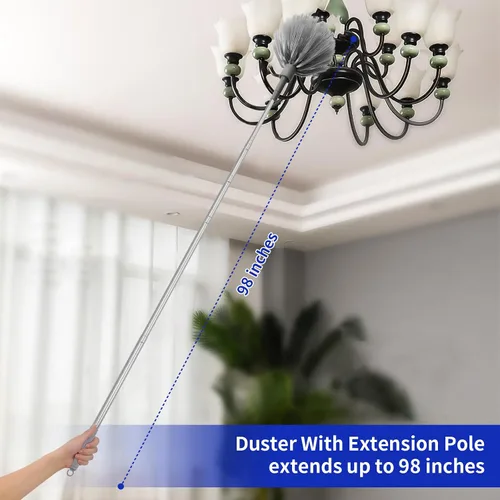 Vista 6 de Plumero de telaraña con poste de extensión de 30 a 100 pulgadas (acero inoxidable), plumero de microfibra para limpieza, plegable y lavable, se