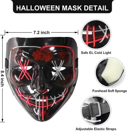 Vista 2 de Tmacoski Máscara de Halloween EL fría con luz que brilla y aterradora máscara de Purga de Halloween para mujeres, hombres y niños