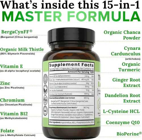 Vista 5 de Zen Nutrients The Everyday Liver Vitamin - Limpieza del hígado desintoxicante y reparación con Bergacyn FF, cardo de leche orgánico, raíz de diente