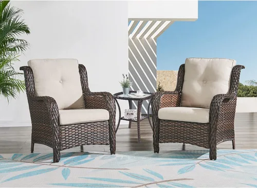 Vista 63 de HUMMUH Juego de 2 sillas de mimbre para patio, sillas de comedor de ratán de polietileno para exteriores, con cojines de asiento de 4 pulgadas