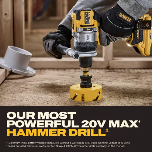 Vista 5 de DEWALT Kit de taladro de martillo inalámbrico de 1/2 pulgada MAX XR de 20 V con batería de 8 Ah y cargador (DCD1007WW1)