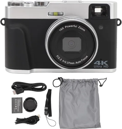 Vista 7 de Asixxsix Cámara digital 4K 48MP, 2. pantalla 16X zoom óptico anti vibración retro cámara de vlogging con visor flash dial cámaras compactas de punto