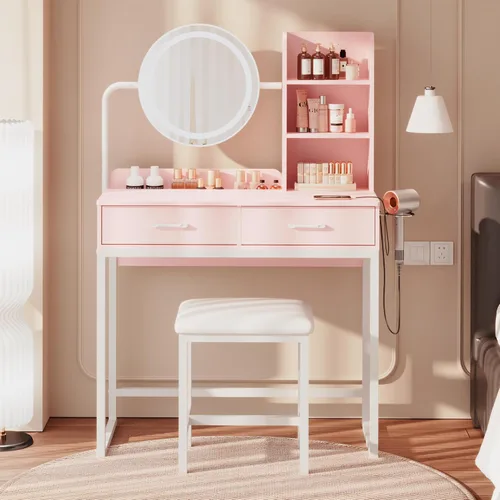 Vista 10 de Dowinx Escritorio de tocador con espejo iluminado LED y toma de corriente, escritorio blanco con 3 modos de iluminación ajustables, pequeño