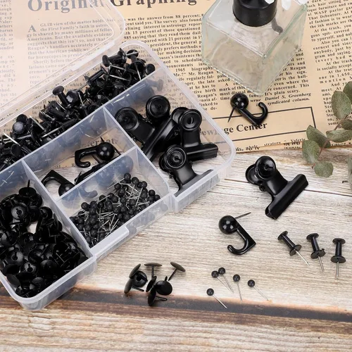 Vista 4 de Juego de 310 chinchetas, tachuelas negras decorativas para tablero de corcho con gancho para chinchetas, clip para chinchetas, 5 estilos, accesorios