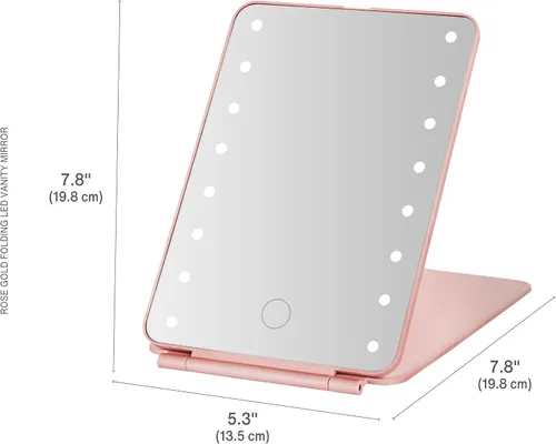 Vista 2 de MELANNCO Espejo de tocador con luces, 7.8 x 5.3 pulgadas, espejo de maquillaje LED de oro rosa para escritorio, 16 bombillas LED, plegable