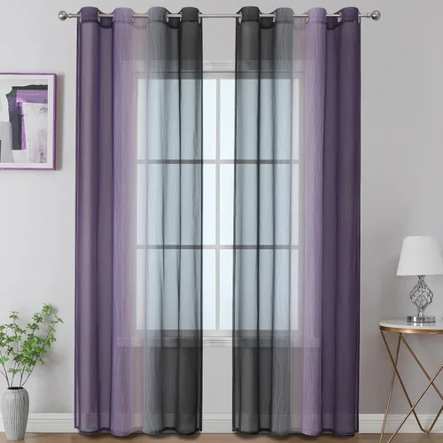Vista 2 de Cortinas transparentes degradadas negras y moradas para sala de estar, 52 Negro y morado