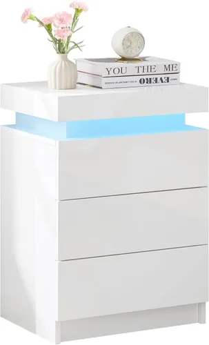 Vista 11 de TUKAILAi Mesita de noche con luz LED, moderna mesita de noche negra con tapa abatible, mesita de noche pequeña con 3 cajones de madera, mesa