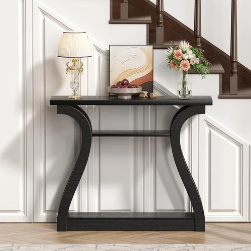 Vista 5 de Mesa consola de madera con patas curvadas y estante, mesa de sofá moderna de 3 niveles para zona de entrada, sala de estar, pasillo, 47 pulgadas