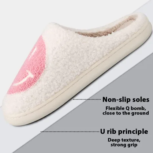 Vista 4 de RaepperHan - Pantuflas de cara sonriente para mujer, estilo retro, suave, ligeras, para el hogar, cómodas, para interiores y exteriores, suela