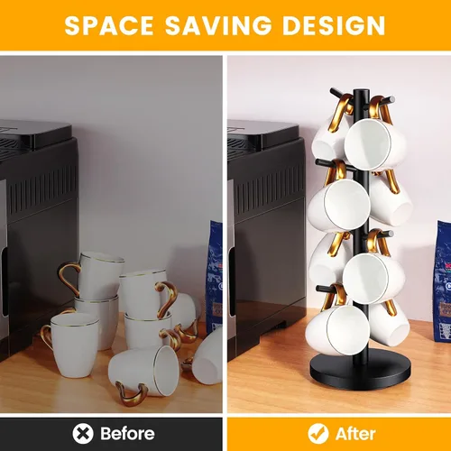 Vista 6 de Soporte para taza de café, soporte para taza de café giratorio de 360° mejorado para mostrador, árbol de taza de café de madera, estante para tazas