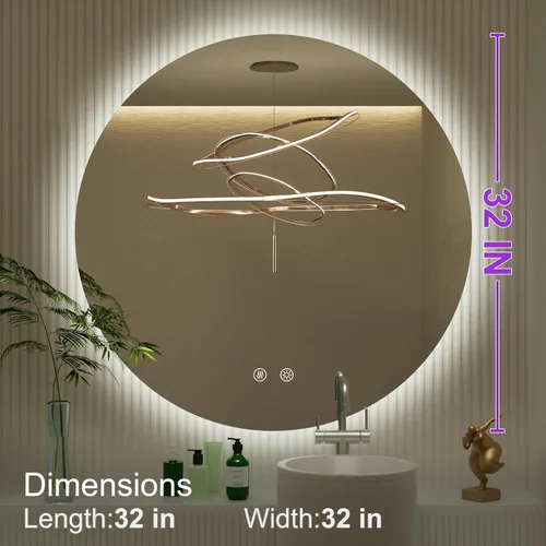 Vista 8 de Espejo de baño LED redondo de 32 pulgadas con luz, 3 temperaturas de color (3000 K/4500 K/6000 K), antiniebla, retroiluminación regulable, espejo