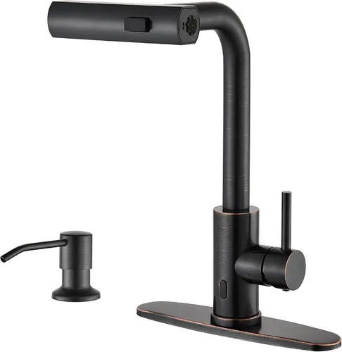 Vista 12 de AVSIILE Grifos de cocina en cascada de color negro mate con rociador desplegable y dispensador de jabón, un solo orificio y mango, grifo extraíble