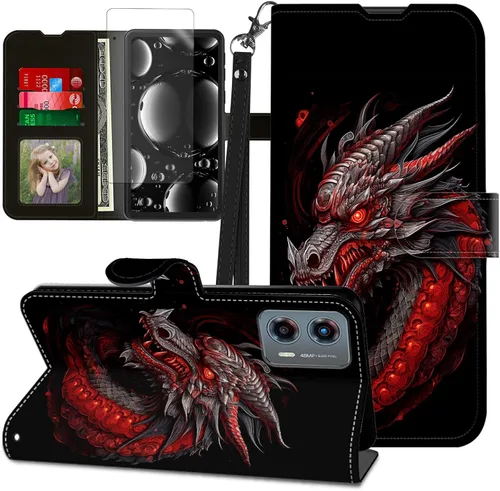 Vista 399 de Funda para Motorola Edge 2022 con protector de pantalla, soporte y tarjetero y correa para la muñeca, funda magnética para Moto Edge 2022 5G UW Lobo
