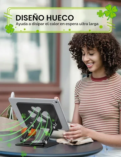 Vista 2 de Adjustable Tablet Stand, Foldable 360° Aluminum Holder, Black Negro