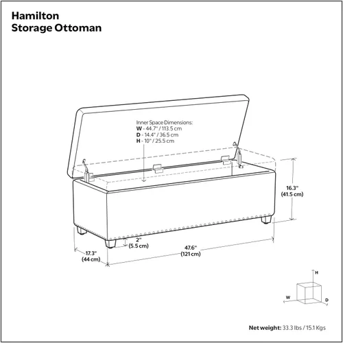Vista 3 de Otomano rectangular de almacenamiento Simpli Home Hamilton, Madera, Gris pizarra Pizarra gris