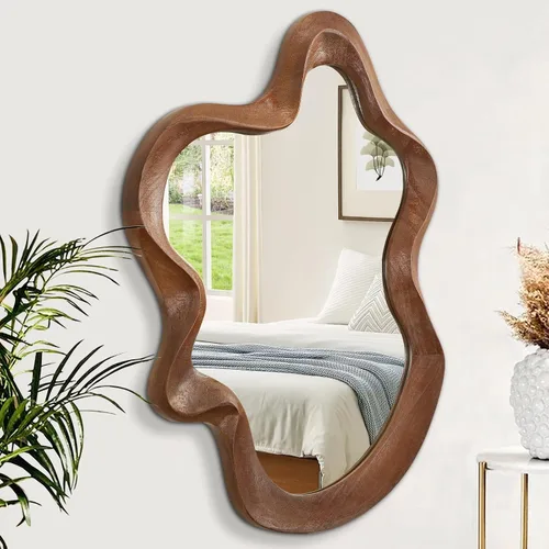 Vista 21 de Espejo asimétrico para decoración de pared, grande, moderno, ondulado, con marco de madera, espejo de pared con forma única montado en pared Negro