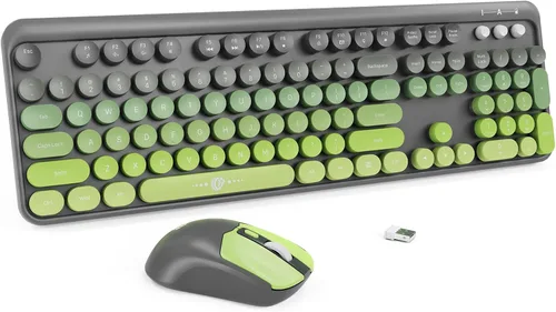 Vista 15 de Combo de teclado y ratón inalámbricos, teclado de máquina de escribir inalámbrico de tamaño completo de 2.4 GHz con teclas redondas para Windows