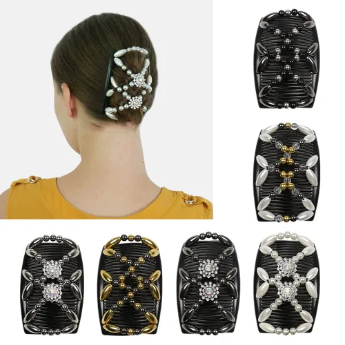 Vista 3 de Peines laterales mágicos para mujer, elegantes cuentas, elásticos con clips dobles, accesorios perfectos para hacer, cola de caballo, media arriba