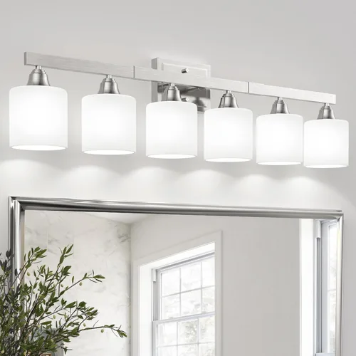 Vista 10 de VOLISUN Accesorios de iluminación de baño de níquel cepillado, 4 luces de cambiador de baño sobre espejo, lámpara de tocador moderna para baños