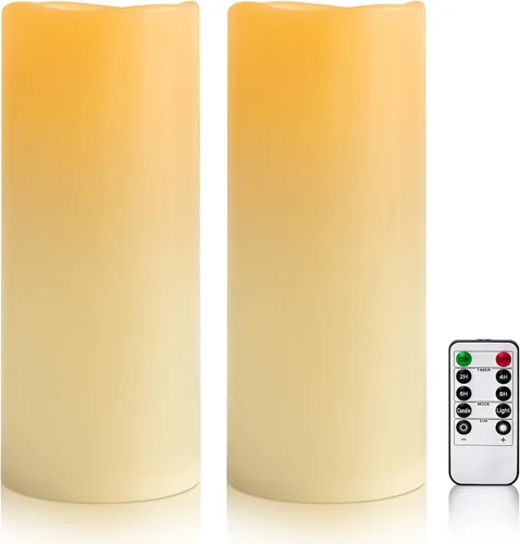 Vista 10 de juego de 2 velas sin llama impermeables para exteriores de 10" x 5", operadas por baterías, LED parpadeantes, velas pilar con control remoto