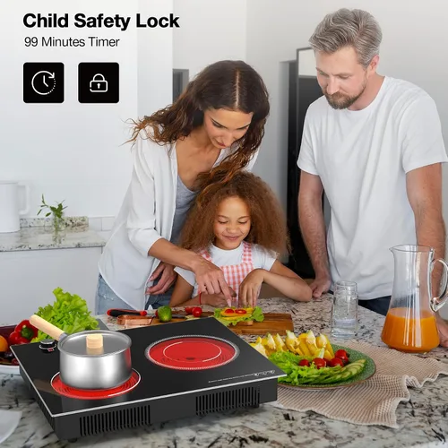 Vista 5 de VBGK Cocina eléctrica, 2100 W empotrada y encimera, 2 quemadores, estufa eléctrica con 10 niveles de calefacción, temporizador y bloqueo