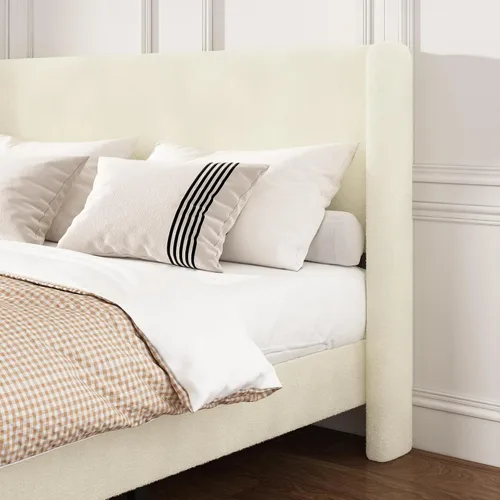 Vista 4 de Base de cama matrimonial, plataforma tapizada Boucle con cabecera con respaldo de alas, fuerte soporte de listones de madera, base de colchón sin